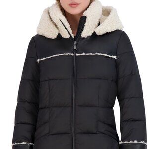 Elie Tahari Black Puffer Coat with Cream Sherpa Trim
